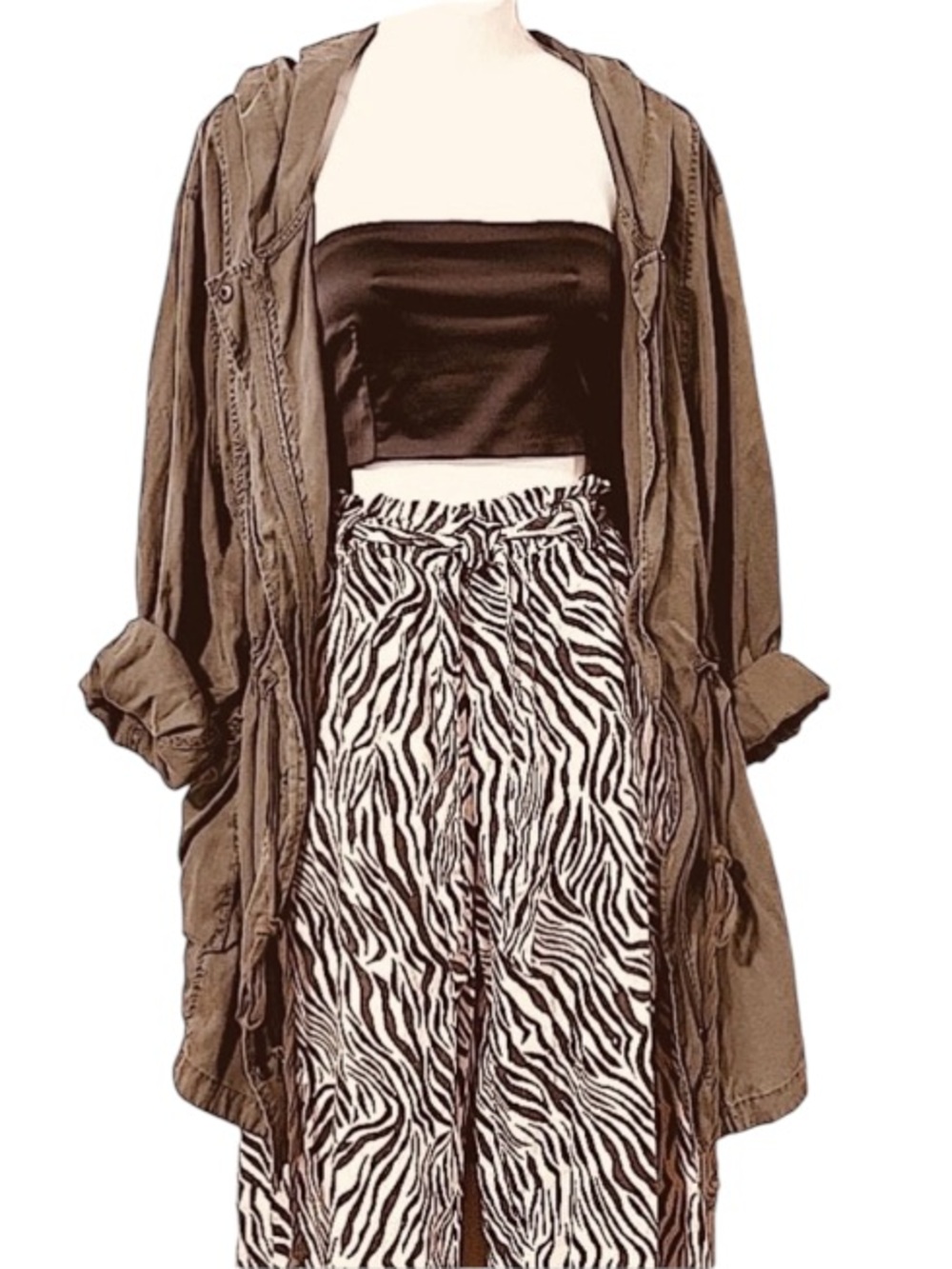 High Waisted Womens Cropped Wide Leg  Brown & Cream Zebra Print Flowy Pants S